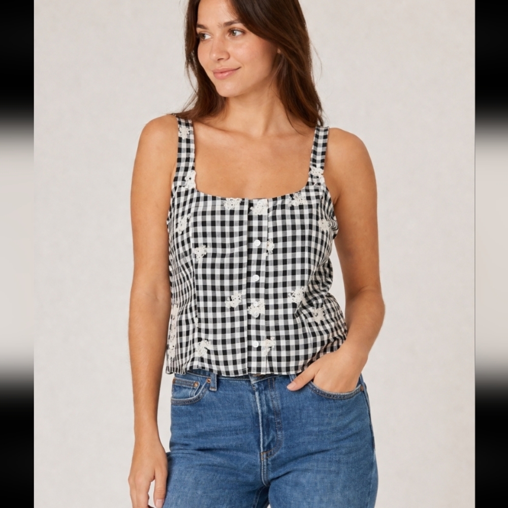 LOTUS & LAVENDER Black White Checkered Embroidered Floral Women's Crop Top Large